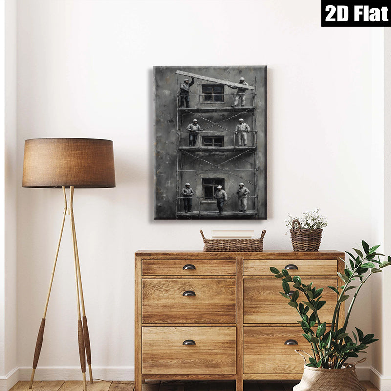 2D flat 1pc Workers on Scaffolding Industrial Cityscape Wall Art Modern Farmhouse Living Room Decor Gallery Wrapped Canvas Prints Bedroom Artwork Trending Now