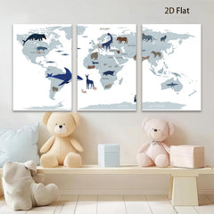 2D flat 1pc World Animals Map Kids Room Decor Playroom Wall Art Nursery Prints Boho Farmhouse Living Room Gallery Wrapped Canvas Art