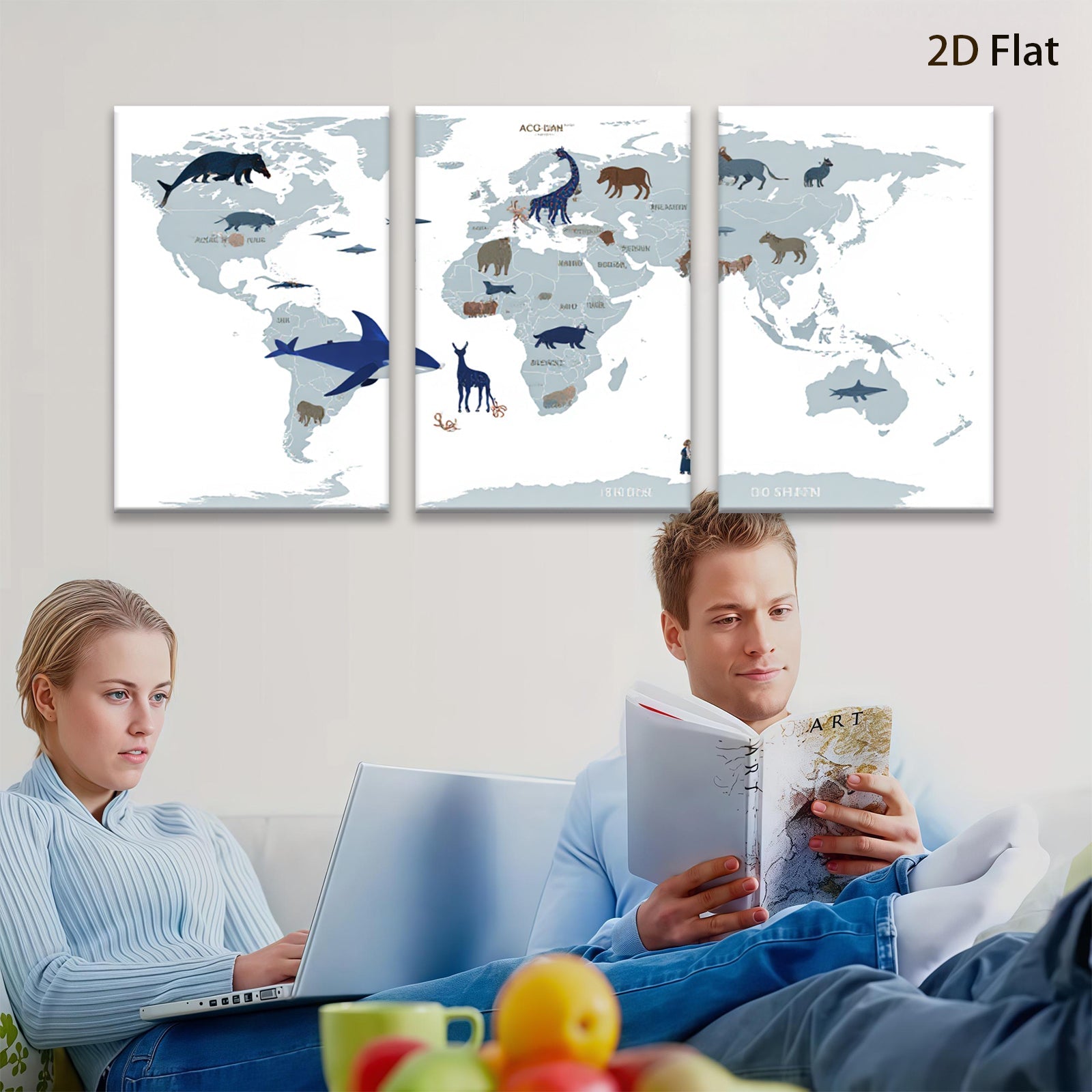 2D flat 1pc World Animals Map Kids Room Decor Playroom Wall Art Nursery Prints Boho Farmhouse Living Room Gallery Wrapped Canvas Art