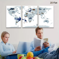 2D flat 1pc World Animals Map Kids Room Decor Playroom Wall Art Nursery Prints Boho Farmhouse Living Room Gallery Wrapped Canvas Art