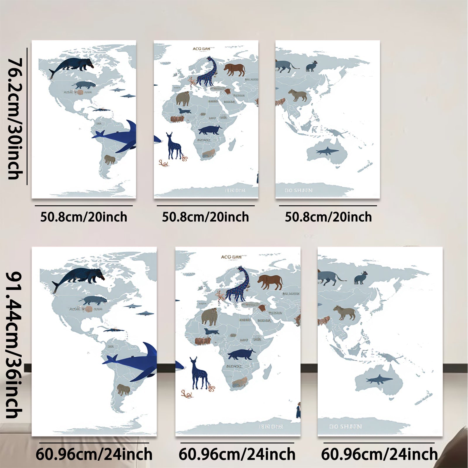 2D flat 1pc World Animals Map Kids Room Decor Playroom Wall Art Nursery Prints Boho Farmhouse Living Room Gallery Wrapped Canvas Art