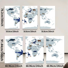 2D flat 1pc World Animals Map Kids Room Decor Playroom Wall Art Nursery Prints Boho Farmhouse Living Room Gallery Wrapped Canvas Art
