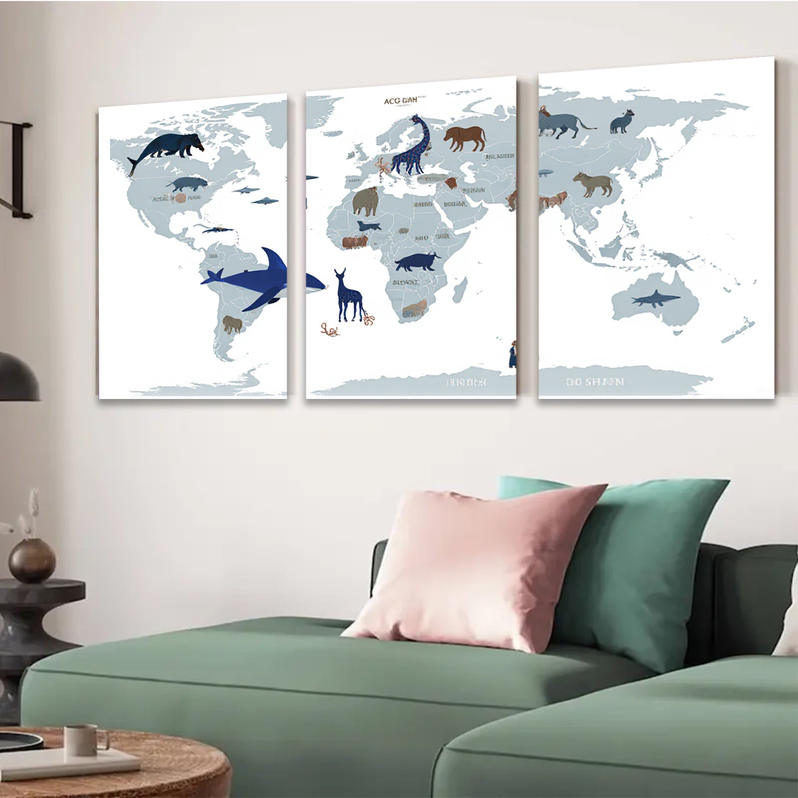 2D flat 1pc World Animals Map Kids Room Decor Playroom Wall Art Nursery Prints Boho Farmhouse Living Room Gallery Wrapped Canvas Art