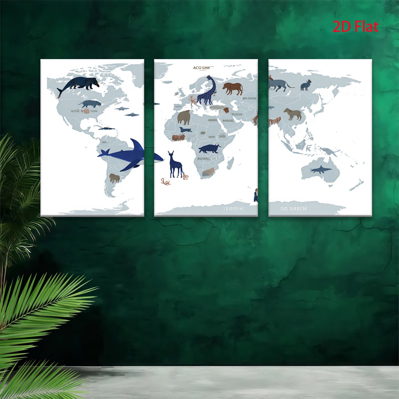 2D flat 1pc World Animals Map Kids Room Decor Playroom Wall Art Nursery Prints Boho Farmhouse Living Room Gallery Wrapped Canvas Art