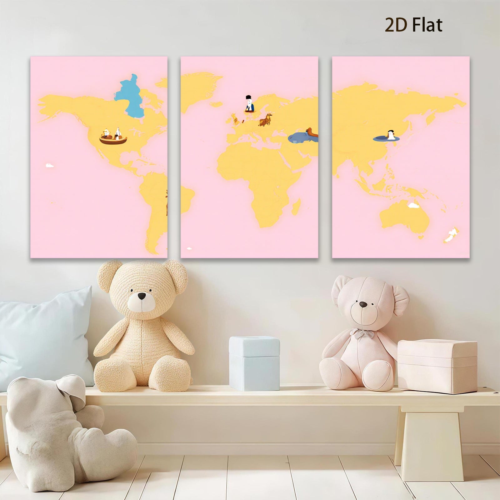 2D flat 1pc World Animals Map Kids Room Decor Playroom Wall Art Nursery Prints Modern Home Decorations Gallery Wrapped Canvas Prints Bedroom Living Room