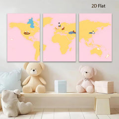 2D flat 1pc World Animals Map Kids Room Decor Playroom Wall Art Nursery Prints Modern Home Decorations Gallery Wrapped Canvas Prints Bedroom Living Room