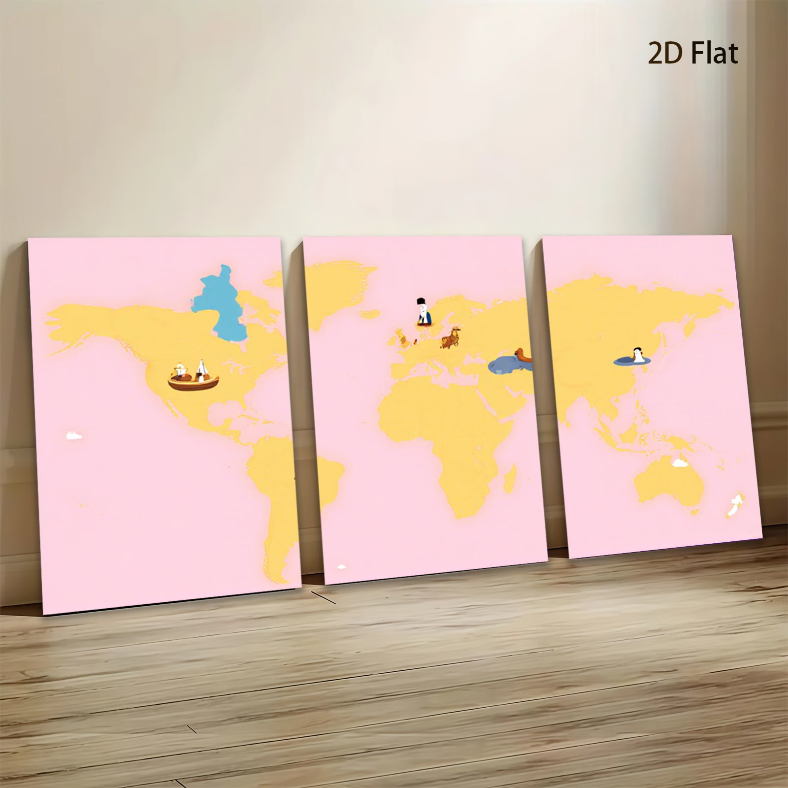 2D flat 1pc World Animals Map Kids Room Decor Playroom Wall Art Nursery Prints Modern Home Decorations Gallery Wrapped Canvas Prints Bedroom Living Room