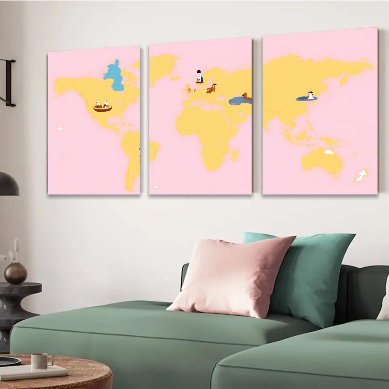 2D flat 1pc World Animals Map Kids Room Decor Playroom Wall Art Nursery Prints Modern Home Decorations Gallery Wrapped Canvas Prints Bedroom Living Room