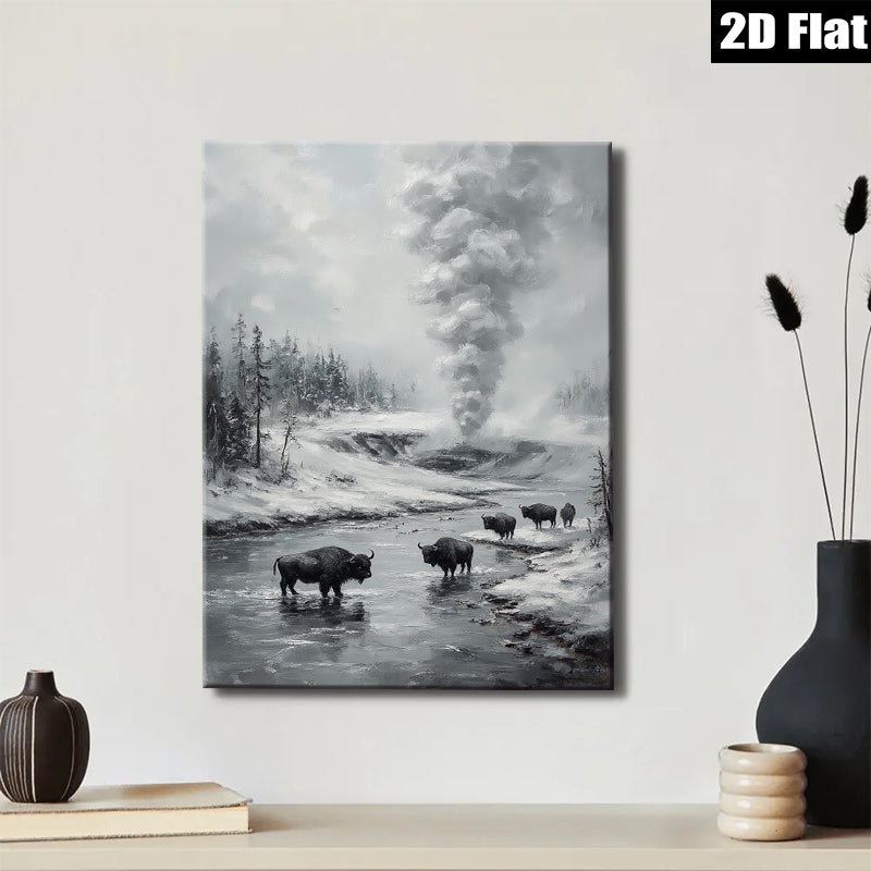 2D flat 1pc Yellowstone Bison Winter Landscape Wall Art Canvas Prints for Living Room Bedroom Home Decor Farmhouse Style Rustic Gallery Wrapped