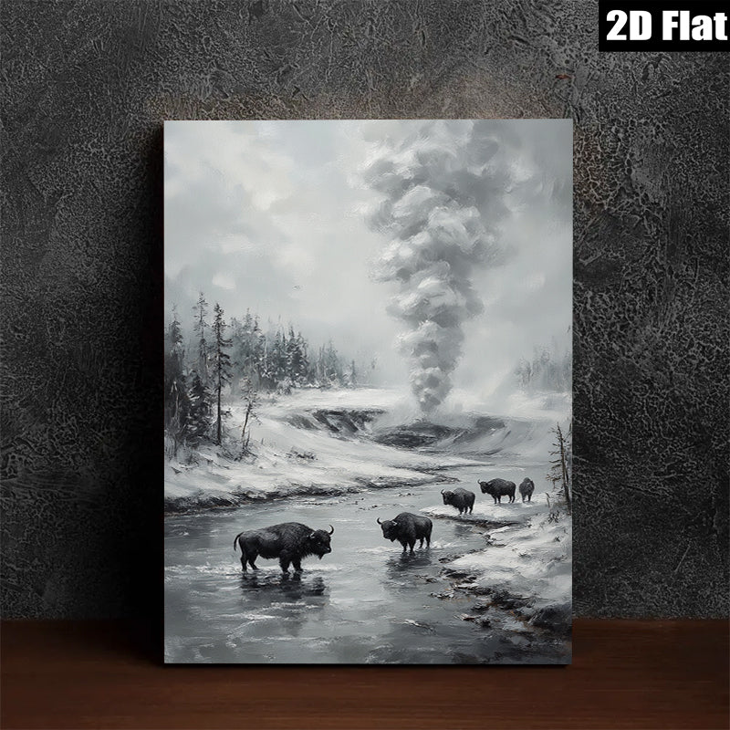 2D flat 1pc Yellowstone Bison Winter Landscape Wall Art Canvas Prints for Living Room Bedroom Home Decor Farmhouse Style Rustic Gallery Wrapped