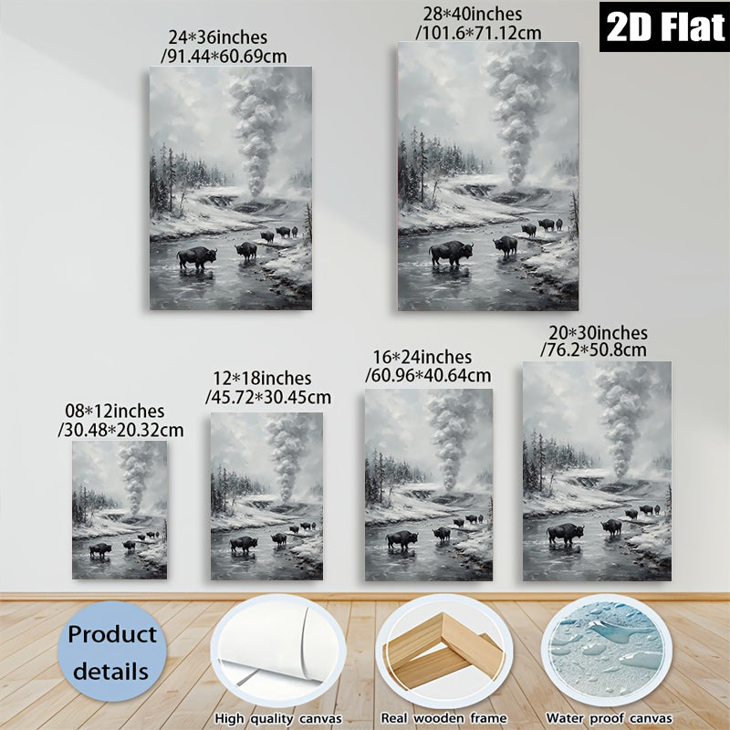 2D flat 1pc Yellowstone Bison Winter Landscape Wall Art Canvas Prints for Living Room Bedroom Home Decor Farmhouse Style Rustic Gallery Wrapped