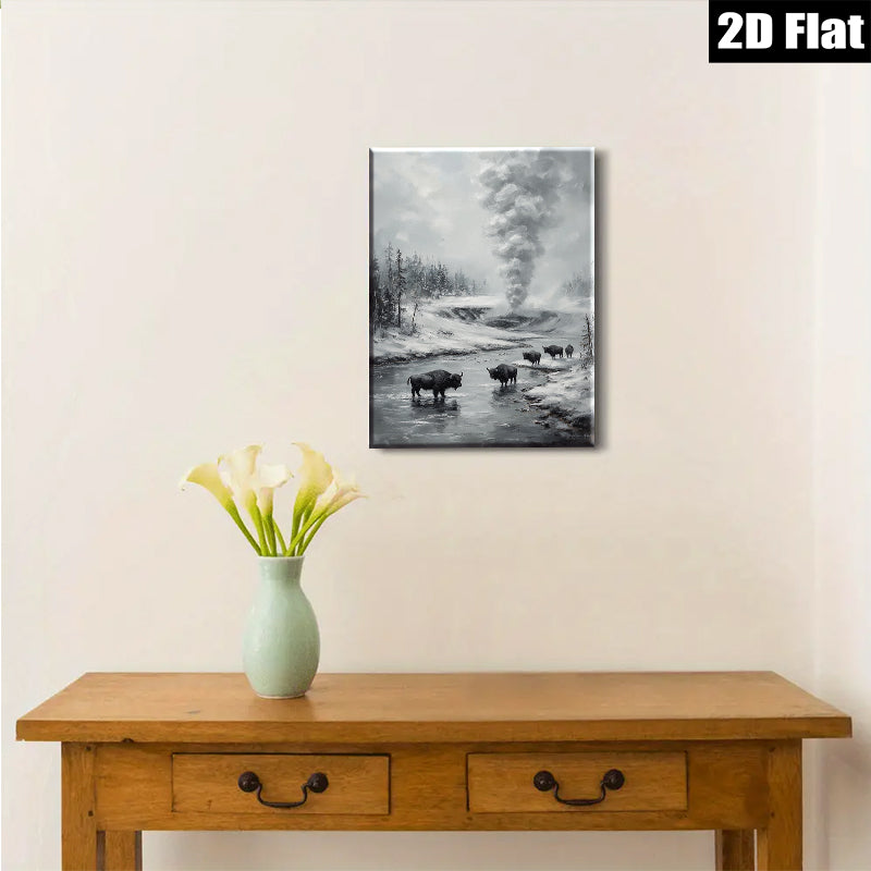 2D flat 1pc Yellowstone Bison Winter Landscape Wall Art Canvas Prints for Living Room Bedroom Home Decor Farmhouse Style Rustic Gallery Wrapped