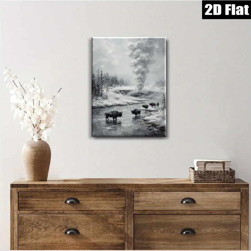 2D flat 1pc Yellowstone Bison Winter Landscape Wall Art Canvas Prints for Living Room Bedroom Home Decor Farmhouse Style Rustic Gallery Wrapped