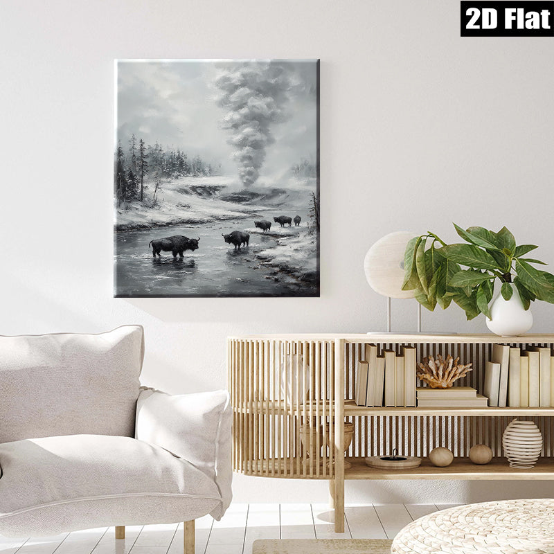 2D flat 1pc Yellowstone Bison Winter Landscape Wall Art Canvas Prints for Living Room Bedroom Home Decor Farmhouse Style Rustic Gallery Wrapped