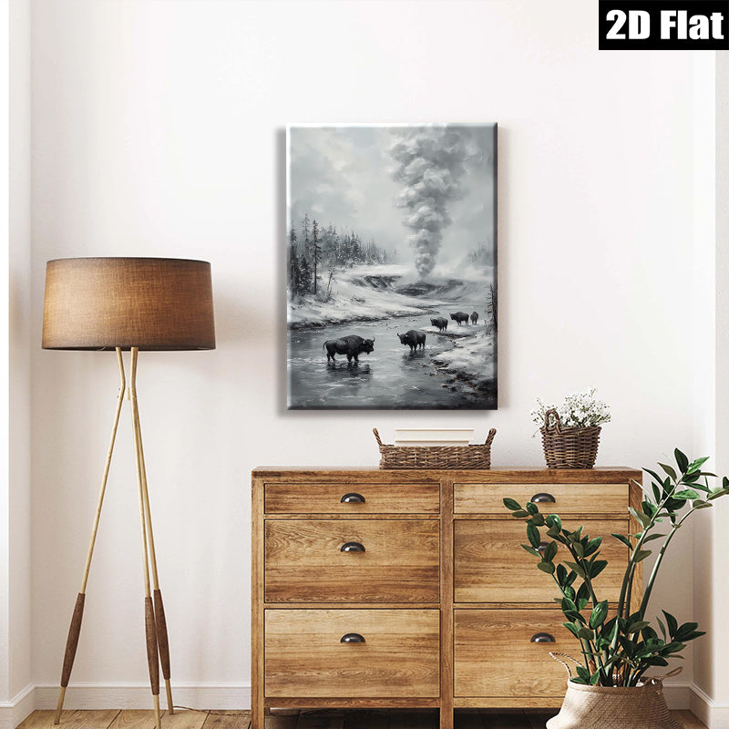 2D flat 1pc Yellowstone Bison Winter Landscape Wall Art Canvas Prints for Living Room Bedroom Home Decor Farmhouse Style Rustic Gallery Wrapped