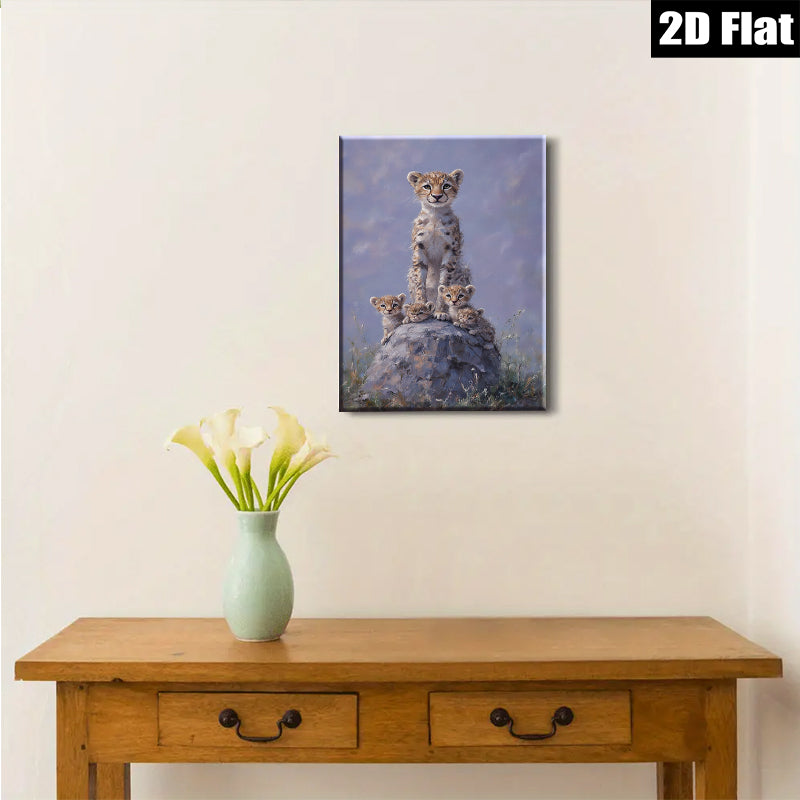 2D flat 1pc Young Cheetah Cubs Stacked Playfully Wildlife Art Canvas Wall Decor Living Room Bedroom Modern Farmhouse Gallery Wrapped Ready To Hang