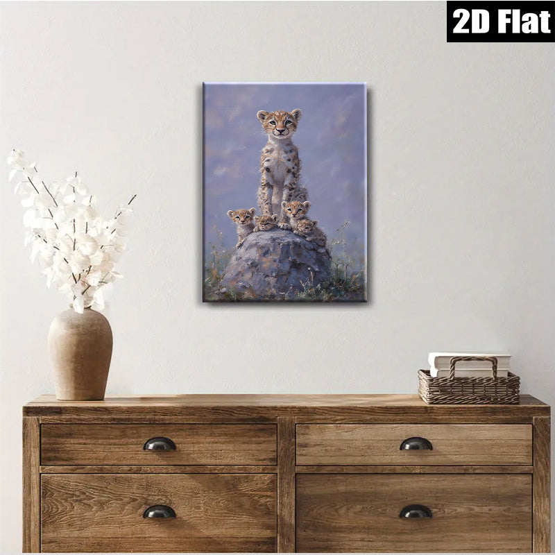 2D flat 1pc Young Cheetah Cubs Stacked Playfully Wildlife Art Canvas Wall Decor Living Room Bedroom Modern Farmhouse Gallery Wrapped Ready To Hang