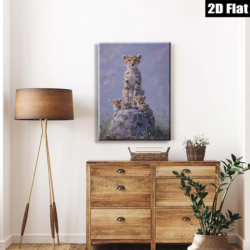 2D flat 1pc Young Cheetah Cubs Stacked Playfully Wildlife Art Canvas Wall Decor Living Room Bedroom Modern Farmhouse Gallery Wrapped Ready To Hang