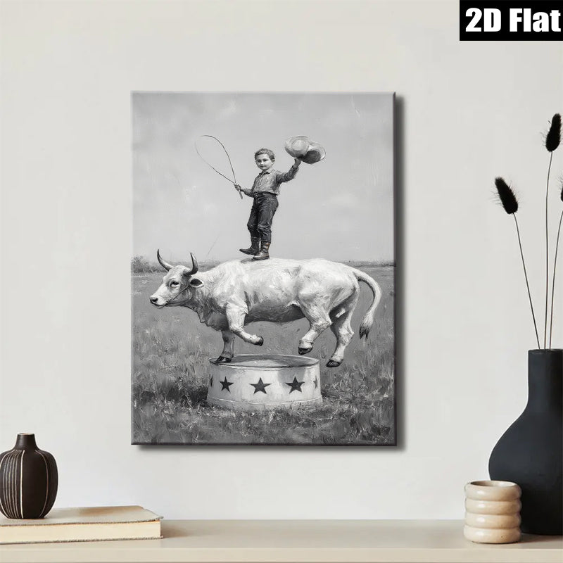 2D flat 1pc Young Cowboy Riding Bull Circus Performance Wall Art Decor Farmhouse Style Canvas Prints for Living Room Bedroom Gallery Wrapped