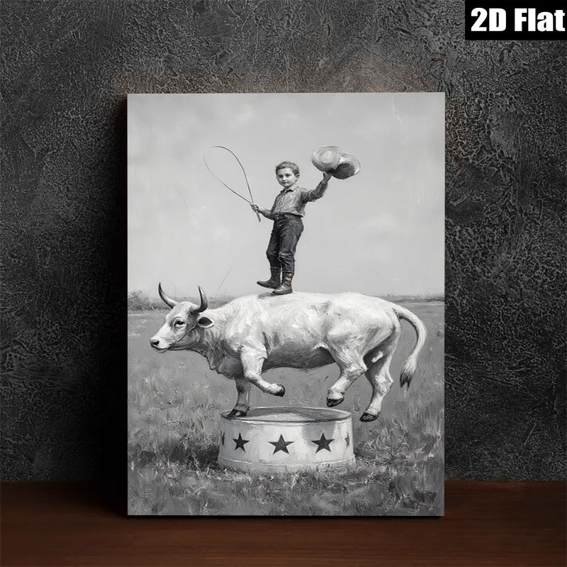 2D flat 1pc Young Cowboy Riding Bull Circus Performance Wall Art Decor Farmhouse Style Canvas Prints for Living Room Bedroom Gallery Wrapped