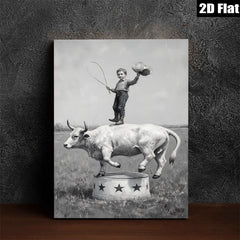 2D flat 1pc Young Cowboy Riding Bull Circus Performance Wall Art Decor Farmhouse Style Canvas Prints for Living Room Bedroom Gallery Wrapped
