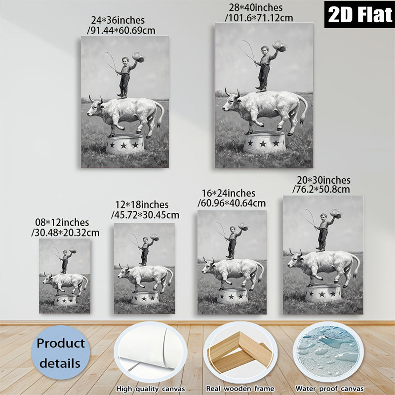 2D flat 1pc Young Cowboy Riding Bull Circus Performance Wall Art Decor Farmhouse Style Canvas Prints for Living Room Bedroom Gallery Wrapped