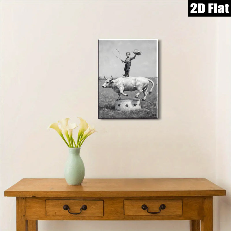2D flat 1pc Young Cowboy Riding Bull Circus Performance Wall Art Decor Farmhouse Style Canvas Prints for Living Room Bedroom Gallery Wrapped