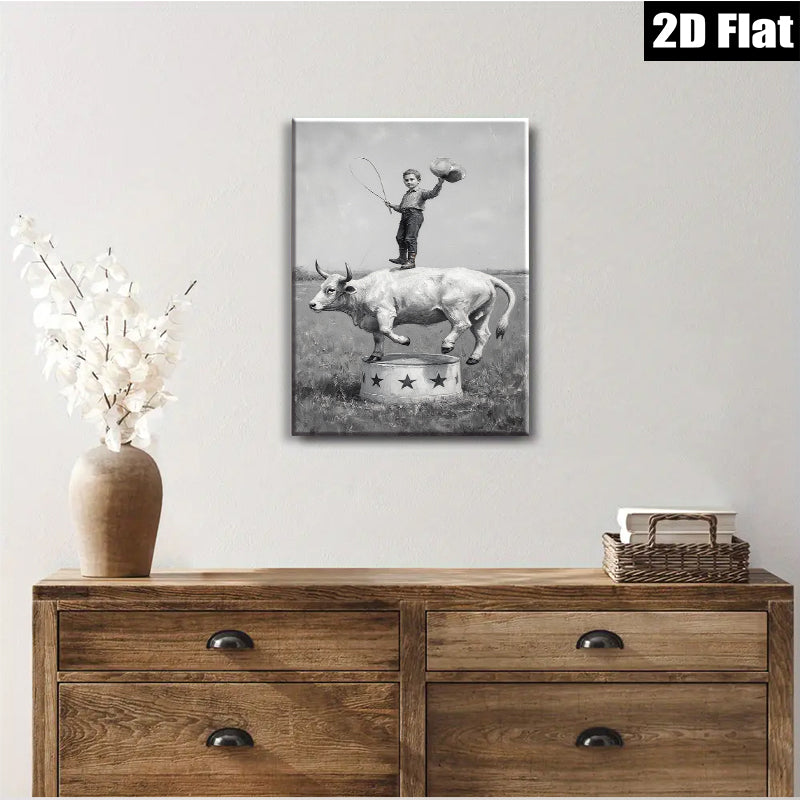 2D flat 1pc Young Cowboy Riding Bull Circus Performance Wall Art Decor Farmhouse Style Canvas Prints for Living Room Bedroom Gallery Wrapped