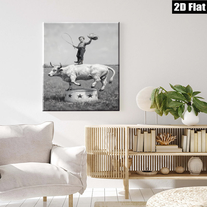 2D flat 1pc Young Cowboy Riding Bull Circus Performance Wall Art Decor Farmhouse Style Canvas Prints for Living Room Bedroom Gallery Wrapped