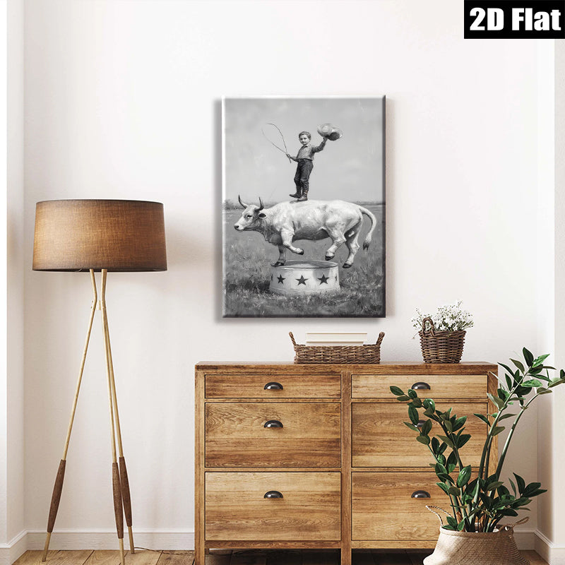 2D flat 1pc Young Cowboy Riding Bull Circus Performance Wall Art Decor Farmhouse Style Canvas Prints for Living Room Bedroom Gallery Wrapped