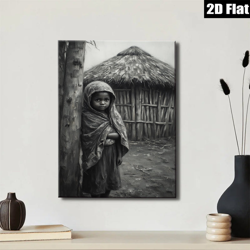 2D flat 1pc Young girl near rural hut captivating portrait farmhouse wall art living room decor bedroom gallery wrapped canvas print modern minimalist aesthetic
