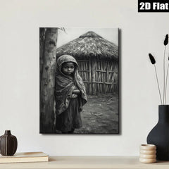 2D flat 1pc Young girl near rural hut captivating portrait farmhouse wall art living room decor bedroom gallery wrapped canvas print modern minimalist aesthetic