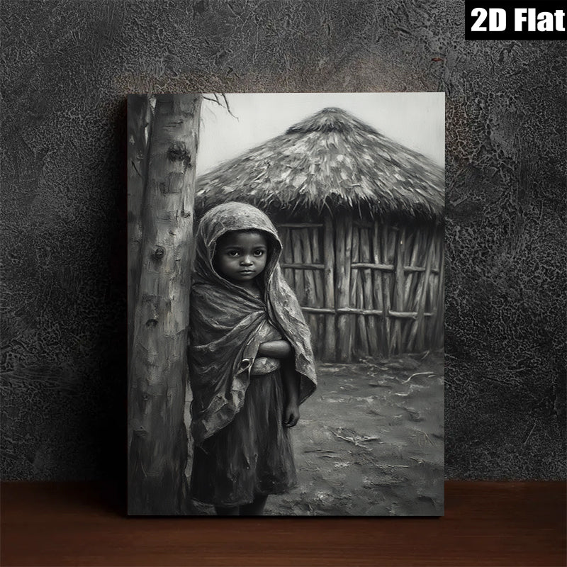 2D flat 1pc Young girl near rural hut captivating portrait farmhouse wall art living room decor bedroom gallery wrapped canvas print modern minimalist aesthetic
