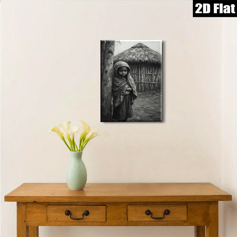 2D flat 1pc Young girl near rural hut captivating portrait farmhouse wall art living room decor bedroom gallery wrapped canvas print modern minimalist aesthetic
