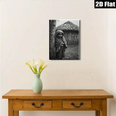 2D flat 1pc Young girl near rural hut captivating portrait farmhouse wall art living room decor bedroom gallery wrapped canvas print modern minimalist aesthetic