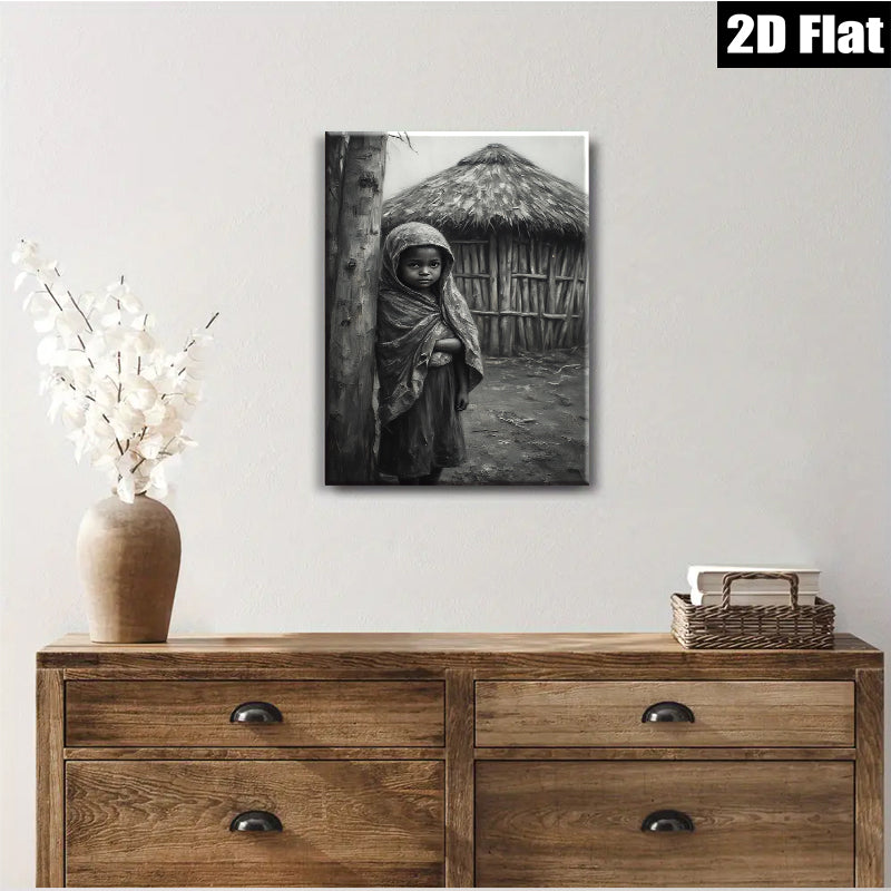 2D flat 1pc Young girl near rural hut captivating portrait farmhouse wall art living room decor bedroom gallery wrapped canvas print modern minimalist aesthetic