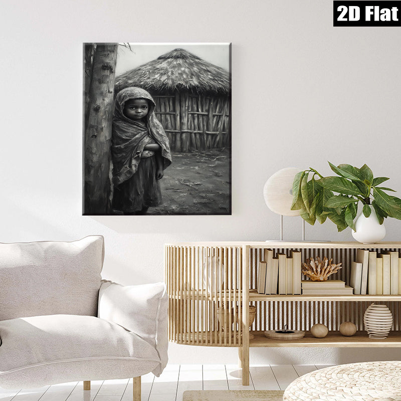 2D flat 1pc Young girl near rural hut captivating portrait farmhouse wall art living room decor bedroom gallery wrapped canvas print modern minimalist aesthetic