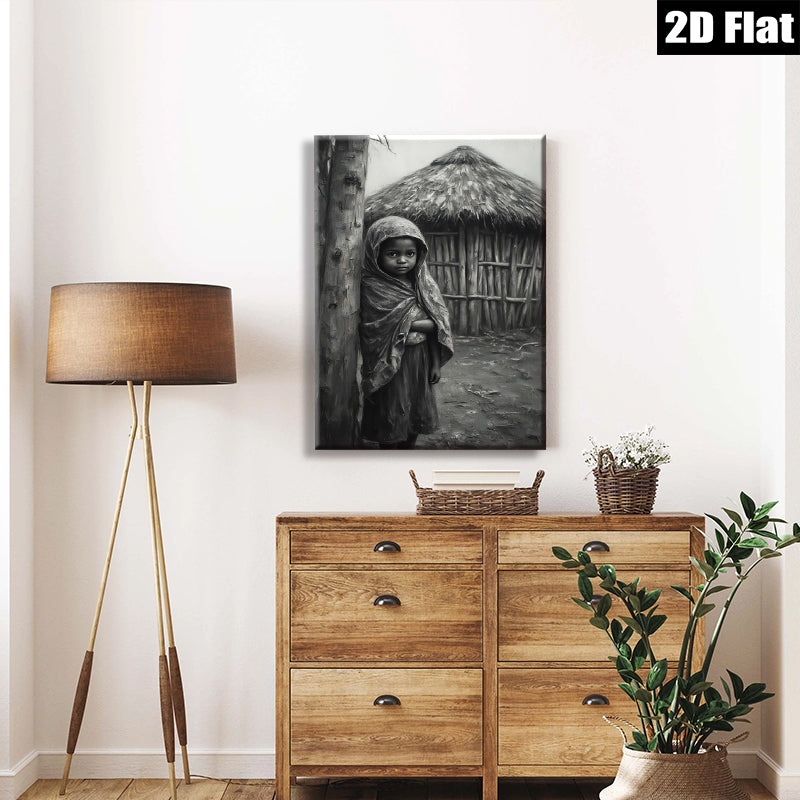 2D flat 1pc Young girl near rural hut captivating portrait farmhouse wall art living room decor bedroom gallery wrapped canvas print modern minimalist aesthetic