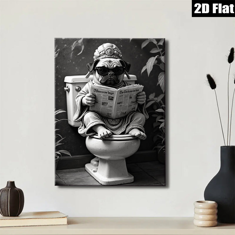 2D flat 1pc Zen Pug Reading Newspaper Bathroom Wall Art Funny Home Decor Living Room Canvas Prints Modern Farmhouse Style Cozy Aesthetic Gallery Wrapped Ready to Hang