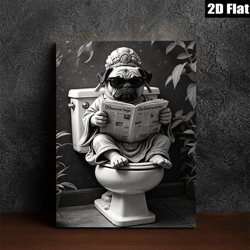 2D flat 1pc Zen Pug Reading Newspaper Bathroom Wall Art Funny Home Decor Living Room Canvas Prints Modern Farmhouse Style Cozy Aesthetic Gallery Wrapped Ready to Hang