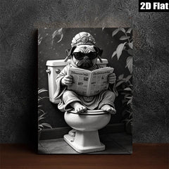 2D flat 1pc Zen Pug Reading Newspaper Bathroom Wall Art Funny Home Decor Living Room Canvas Prints Modern Farmhouse Style Cozy Aesthetic Gallery Wrapped Ready to Hang