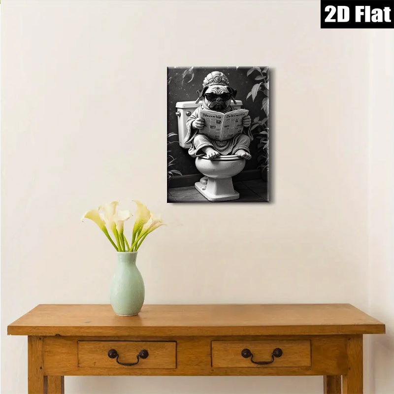 2D flat 1pc Zen Pug Reading Newspaper Bathroom Wall Art Funny Home Decor Living Room Canvas Prints Modern Farmhouse Style Cozy Aesthetic Gallery Wrapped Ready to Hang
