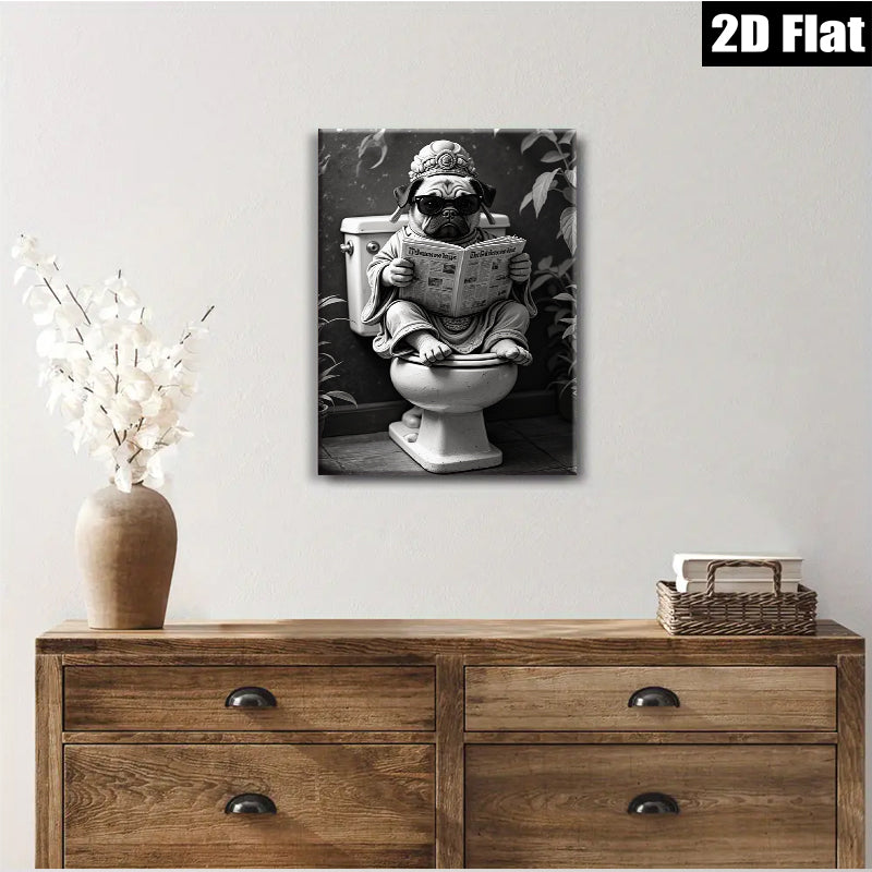 2D flat 1pc Zen Pug Reading Newspaper Bathroom Wall Art Funny Home Decor Living Room Canvas Prints Modern Farmhouse Style Cozy Aesthetic Gallery Wrapped Ready to Hang
