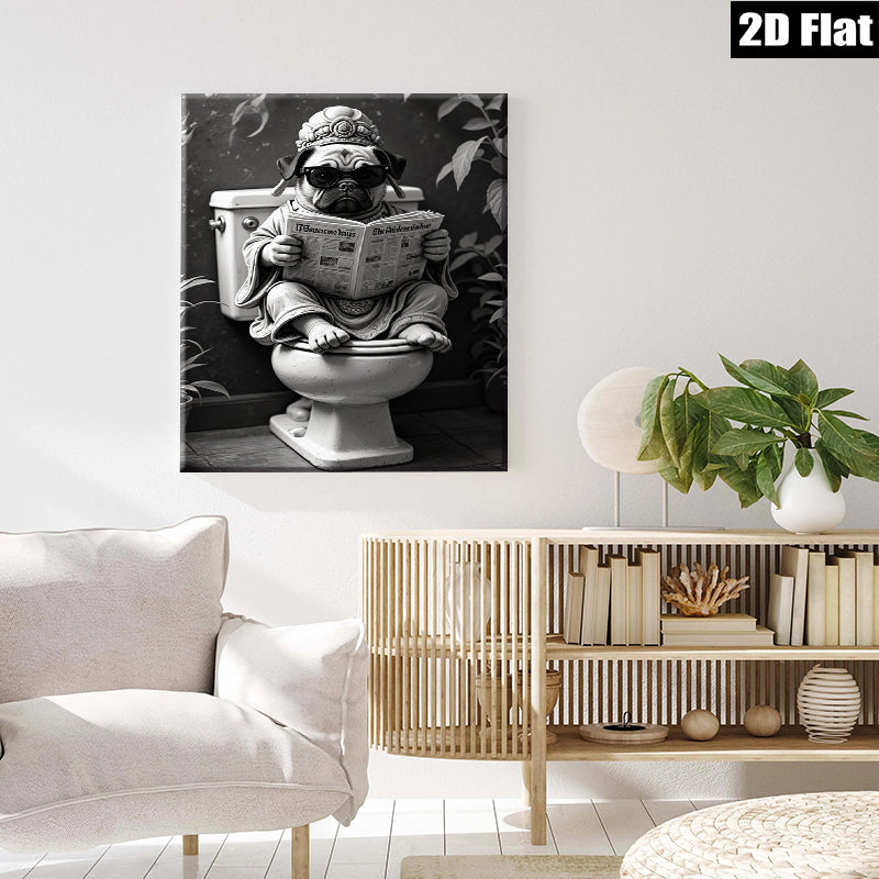 2D flat 1pc Zen Pug Reading Newspaper Bathroom Wall Art Funny Home Decor Living Room Canvas Prints Modern Farmhouse Style Cozy Aesthetic Gallery Wrapped Ready to Hang