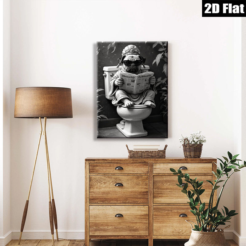 2D flat 1pc Zen Pug Reading Newspaper Bathroom Wall Art Funny Home Decor Living Room Canvas Prints Modern Farmhouse Style Cozy Aesthetic Gallery Wrapped Ready to Hang