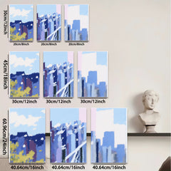 2D flat 1pc abstract blue city skyline modern wall art canvas prints for living room bedroom office decor farmhouse style gallery wrapped ready to hang