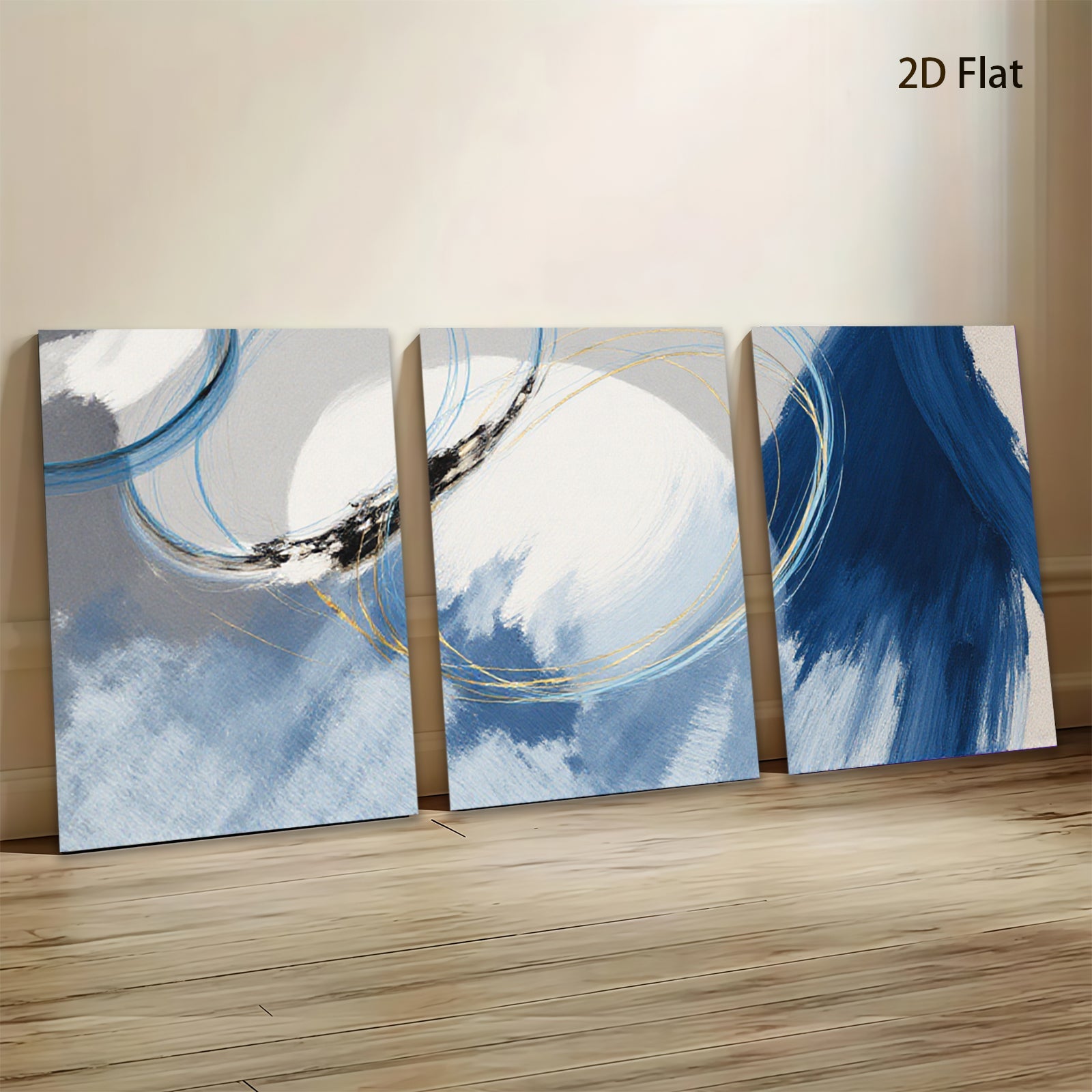 2D flat 1pc abstract blue gold swirl canvas wall art modern farmhouse living room bedroom decor large size statement piece gallery wrapped ready to hang