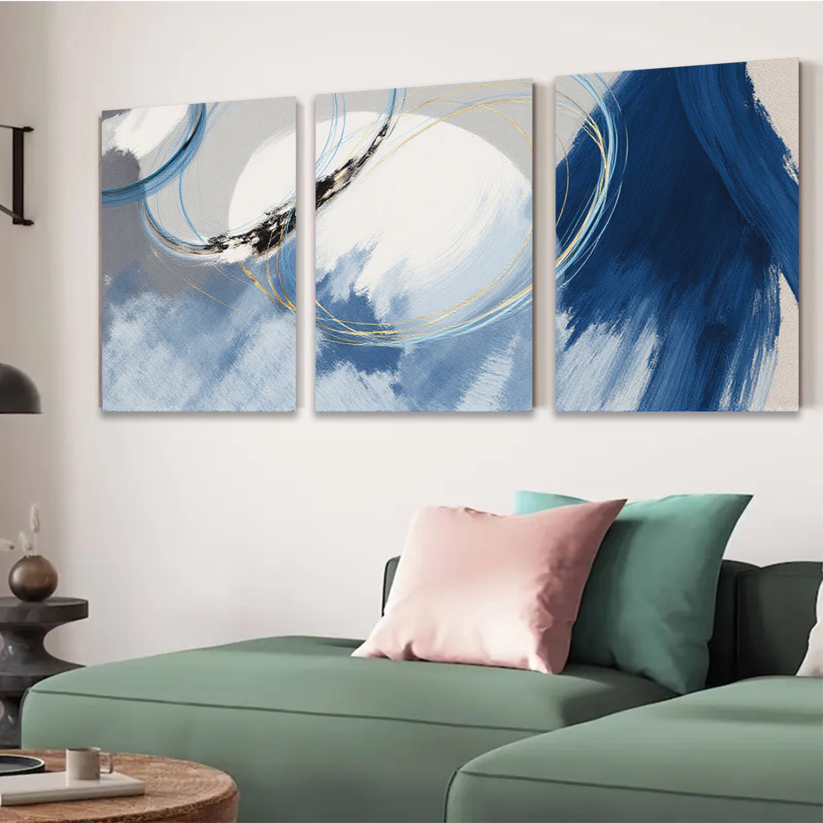 2D flat 1pc abstract blue gold swirl canvas wall art modern farmhouse living room bedroom decor large size statement piece gallery wrapped ready to hang