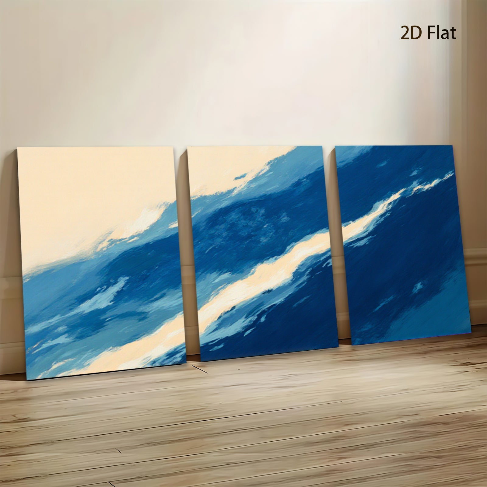 2D flat 1pc abstract blue gold wave coastal wall art modern farmhouse decor living room bedroom gallery wrapped canvas prints ready to hang