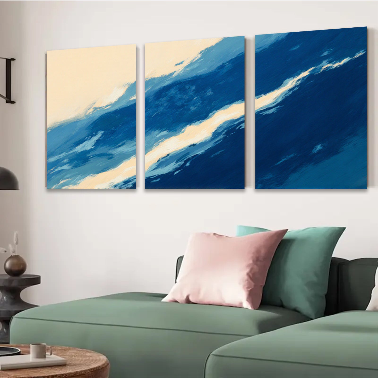 2D flat 1pc abstract blue gold wave coastal wall art modern farmhouse decor living room bedroom gallery wrapped canvas prints ready to hang